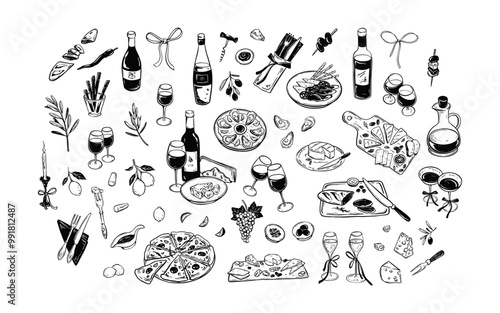 Minimalist food and wine linocat vector illustrations set. La Dolce vita style. Mediterranean, greek, Italian restaurant menu design background. Slow living concept. Girly summer picnic, charcuterie