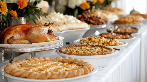 A festive Thanksgiving buffet spread featuring variety of delicious dishes, including golden roasted turkey, savory stuffing, and an assortment of pies. vibrant floral arrangements add warm touch to c