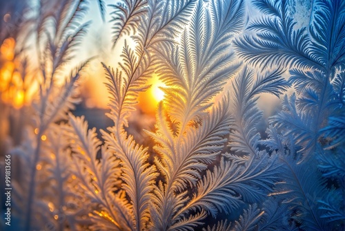 Intricate frost patterns on windowpane at sunset