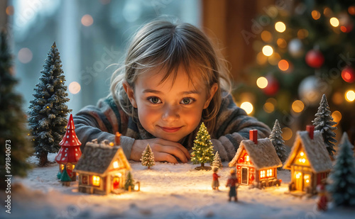 Enfant regardant un village illuminé de noël