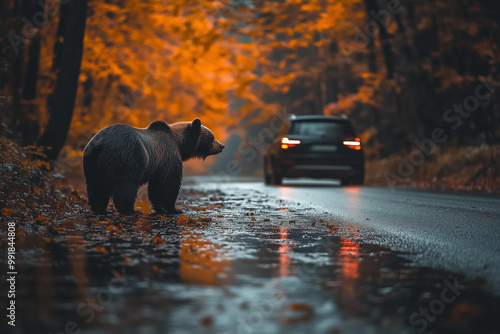  bear standing on the wet road near a beautiful autumn forest, with a car driving by