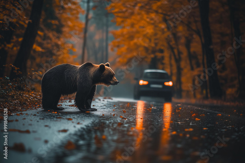  bear standing on the wet road near a beautiful autumn forest, with a car driving by