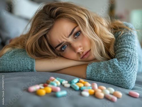 Woman managing chronic fatigue with medication while resting on a sofa, chronic illness, fatigue syndrome