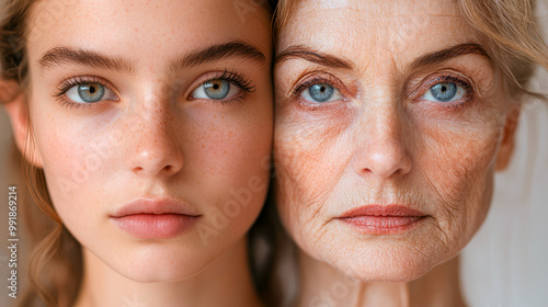 Close-up of a woman's face split with one side young and one side aged, ideal for aging, skincare, or beauty concepts.