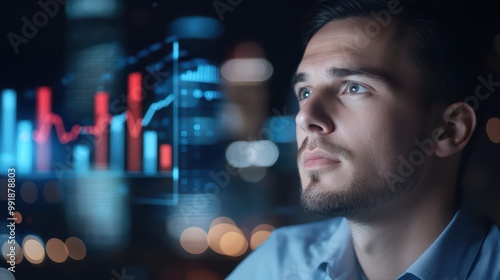 Thoughtful man analyzing data trends in a modern office environment at night.