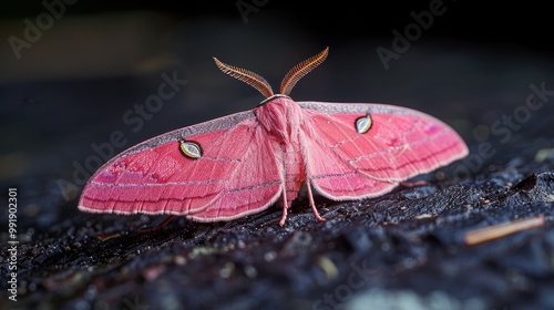 A pink maple moth on a black isolated background. Pink moth on the surface