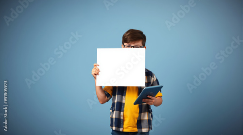 dark-haired boy of European type with glasses holds in one hand a blank white sheet of paper in the other a tablet