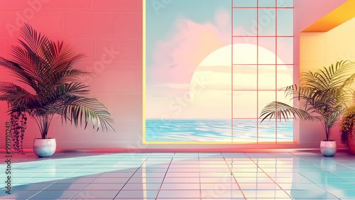 A dreamy sunset vista from a tropical interior, showcasing vibrant colors and serene waters