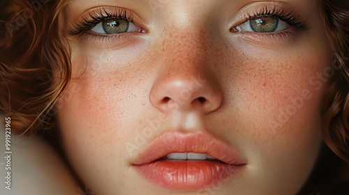 Close-up Portrait of a Woman with Freckles and Green Eyes