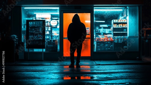 A man in a dark hooded jacket stands in front of a store with green lighting at night. robbery of a store at night