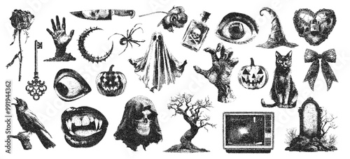 Creepy Halloween collage elements with vintage stippling photocopy effect. Eye, mouth, zombie hand, pumpkin jack, raven, ghost, cat with experimental grunge dotted texture. Retro vector illustration