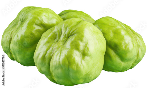 Three green chayote squashes. Rounded and bumpy surface. Transparent background, great for food concept.