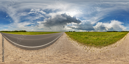 spherical 360 hdri panorama on side of asphalt road with rain storm clouds in dark sky in equirectangular seamless projection, as skydome replacement in drone panoramas, game development