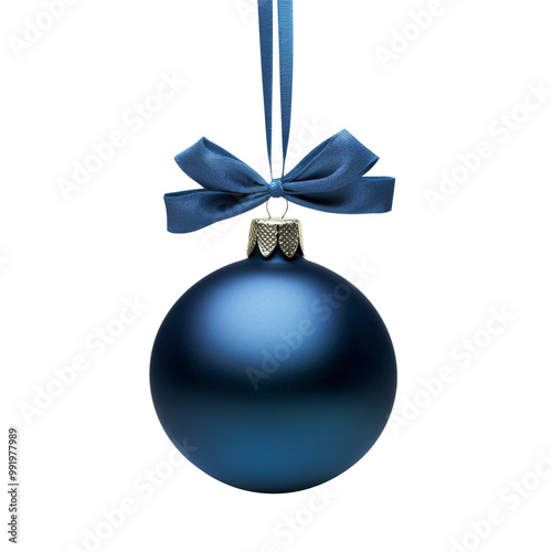 blue Christmas ball with ribbon and a bow, isolated on background. Generative AI