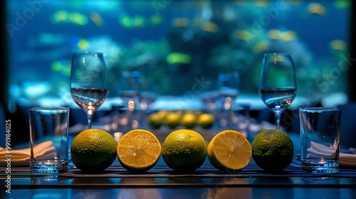 Sweet lime forming centerpiece ultramodern dining table glassbottomed boat vibrant marine life swimming softly blurred beneath creating extraordinary underwater dining experience Scientific name