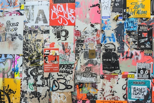 A vibrant collage of various stickers and graffiti on a wall, showcasing a mix of colors and designs. The wall features a chaotic arrangement of posters, tags, and street art.