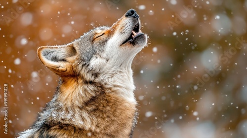 A coyote raises its head and howls, surrounded by gently falling snowflakes in a serene winter landscape