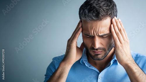 Man suffering from a strong headache is touching his temples