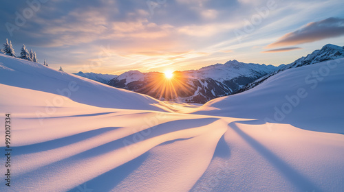  A bright winter sunrise over a vast snowy mountain range, casting long shadows across the white expanse of snow.