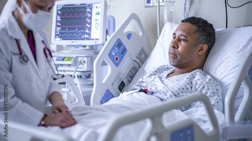 The patient is in the intensive care unit of the hospital. Nurses in the intensive care unit of the hospital check the vital signs of the hospitalized patient