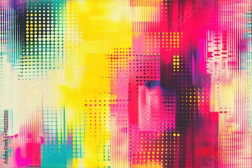 Seamless vibrant abstract halftone glitch background featuring a blend of bright colors including pink, yellow, and turquoise. The design incorporates dotted patterns.