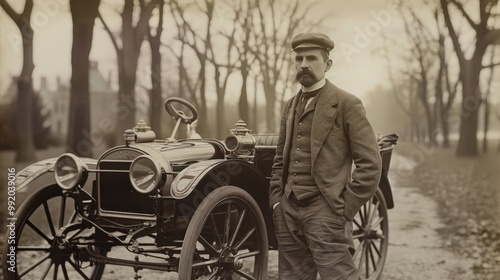 Vintage photo of a man on the background of the world's first car. Vintage photo with a car and its owner in nature