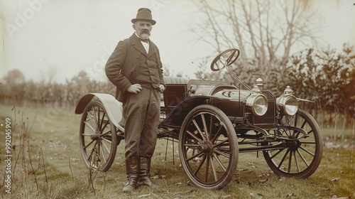 Vintage photo of a man on the background of the world's first car. Vintage photo with a car and its owner in nature