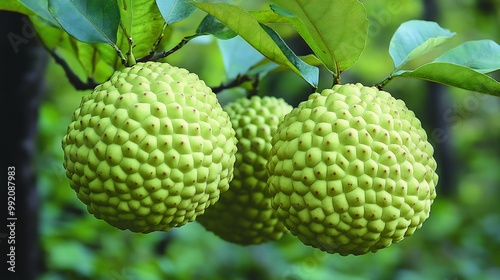 Osage orange fruits hanging a tree in a lush woodland with their bright green bumpy skin in focus and the dense forest softly blurred behind Scientific name Maclura pomifera