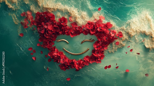 A creative and cheerful arrangement of bright red flowers forms a smiling face floating in teal ocean water with waves, showcasing happiness and peacefulness in nature.