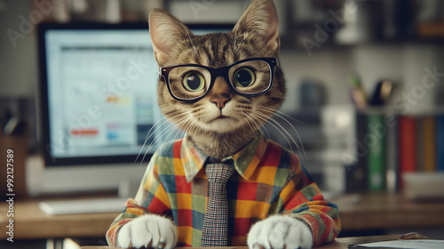 A photograph of an anthropomorphic cat working in an office, wearing glasses and a tie, sitting at a desk with a computer screen behind them. The cat has white paws, a cute expression on their face