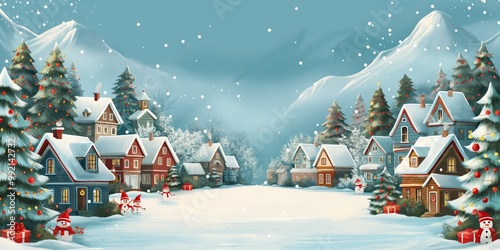 A charming Christmas village covered in snow, with festive decorations and cozy cottages, creating a peaceful winter holiday atmosphere.