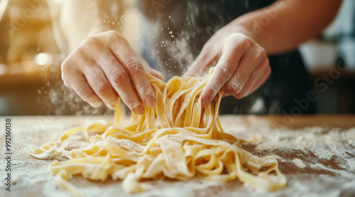 Close-up of hands making pasta, fresh tagliatelle being held in a woman's hands on a wooden table with a dusting of flour