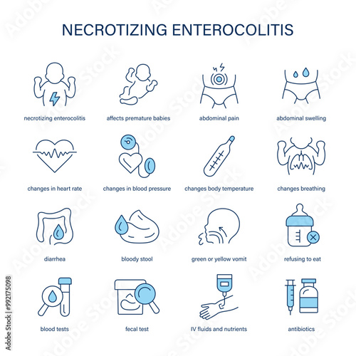 Necrotising Enterocolitis symptoms, diagnostic and treatment vector icon set. Medical icons. 