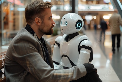 Man and AI robot waiting for a job interview: AI vs human competition