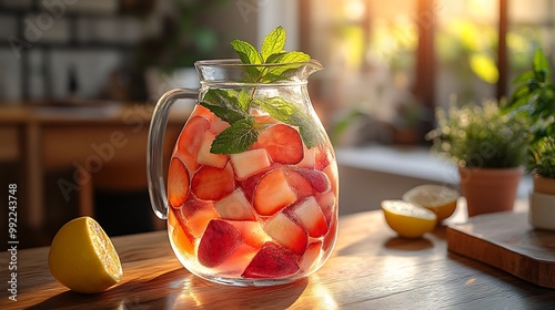 Mangosteeninfused water served a clear glass pitcher at a minimalist dining table with fresh mint leaves and lemon slices representing hydration and detoxification Scientific name Garcinia mangostana