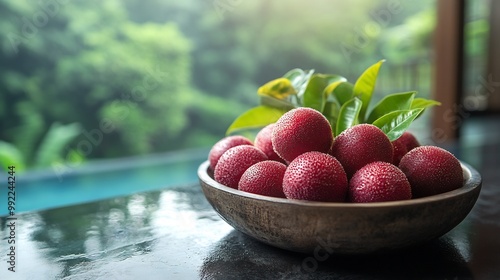 Mangosteens arranged decorative bowl a luxurious spa retreat with a view of the serene landscape outside and soft music playing emphasizing relaxation and wellness Scientific name Garcinia mangostana