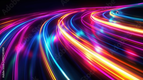 Colorful, swirling line of light that appears to be moving. The colors are bright and vibrant, creating a sense of energy and excitement. The line seems to be moving quickly