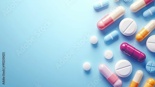 A colorful assortment of pills are arranged on a blue background