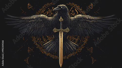 In modern illustrations pagan norse design with raven sword and runes on a black background. Fenrir. Illustration