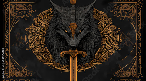 In modern illustrations pagan norse design with raven sword and runes on a black background. Fenrir. Illustration