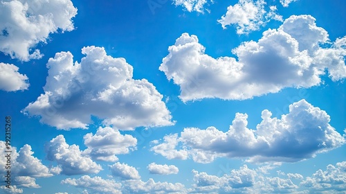 An expanse of white, fluffy cumulus clouds floating against a bright blue sky, offering a picturesque view of a sunny day.