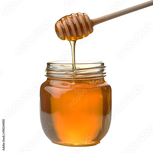 A jar of honey is poured out of a spoon