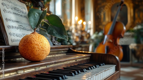 Single longan resting on the edge of a grand piano in an opulent music hall with sheet music and a violin beside it blending the worlds of art and nature Scientific name Dimocarpus longan