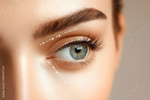 Close-up of a woman's eye with arrows indicating lines for a plastic surgeon on a beige background. A close-up portrait showcasing the beautiful eyes and eyelashes