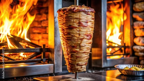 Close up of Turkish doner kebab being grilled over wood fire in restaurant kitchen , Turkish, doner kebab, vertical