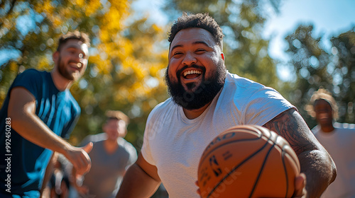 An overweight man playing basketball with friends at an outdoor court, jumping to shoot the ball while others cheer him on from the sidelines