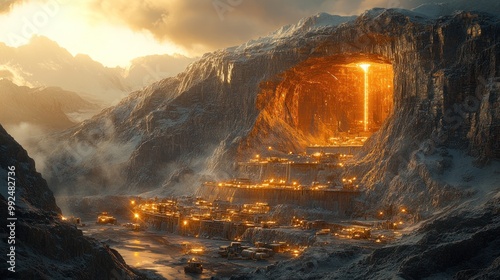 A futuristic city nestled within a mountain with a glowing orange lava flow emanating from the cave.