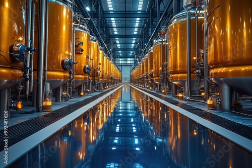 Rows of large golden brewing tanks in a modern brewery facility.