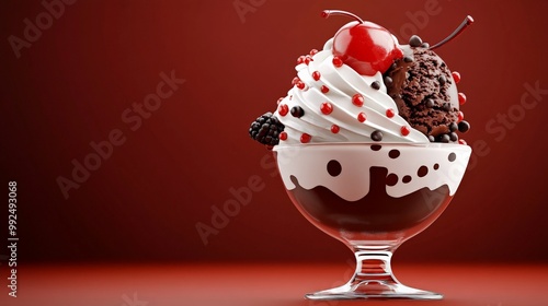 Chocolate Cherry Sundae: A decadent chocolate sundae with whipped cream and a bright red cherry, topped with chocolate sauce and sprinkles, on a red background.