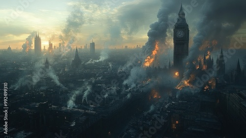 A dystopian view of London with Big Ben on fire, engulfed in smoke and flames, against a backdrop of a hazy sunset.